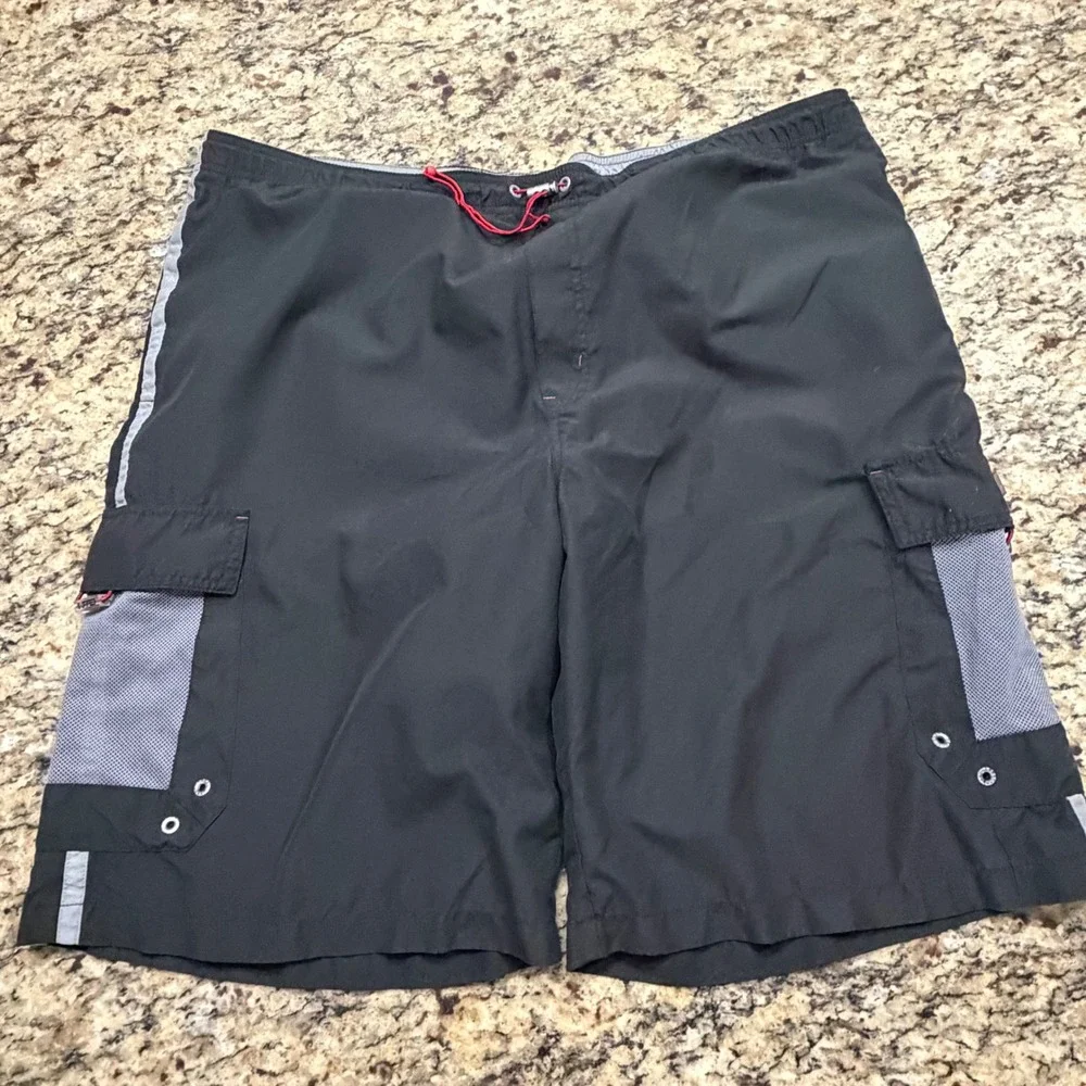 Vintage One Tough Brand Mens XL‎ Cargo Board Shorts Black Swim Trunks 1991